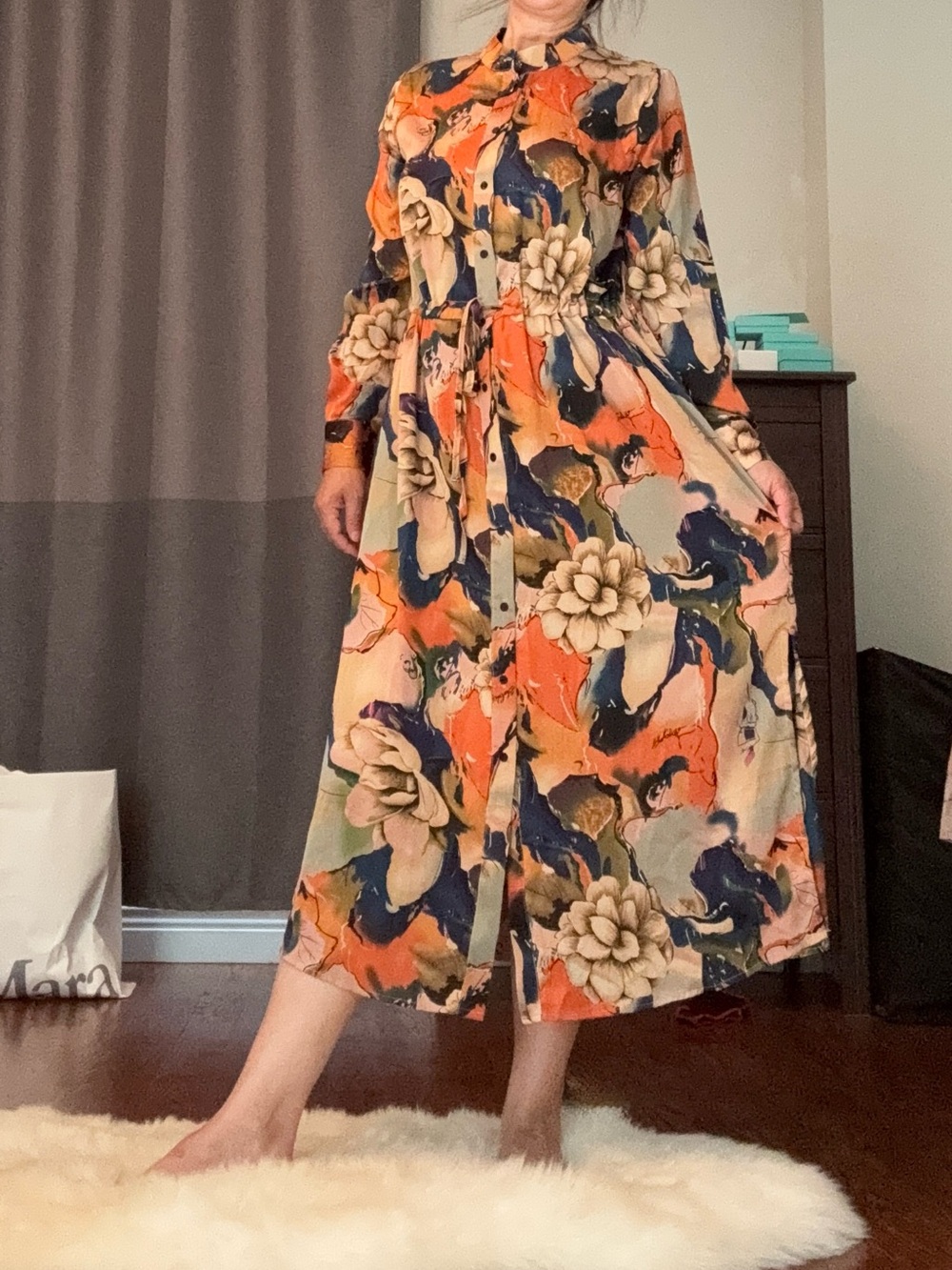 Soulmates Floral Button-Front Long Dress in Orange, Navy & Cream